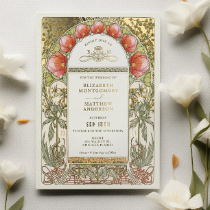 Invitation En Aluminium Tulipes Rouges Vintage Art Nouveau Mariage