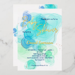 Invitation En Aluminium Turquoise & Bleu Douce Aquarelle - Or véritable