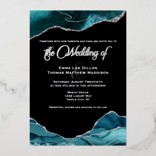 Invitation En Aluminium Turquoise Bleu Faux Parties scintillant Argent Mar (Recto)