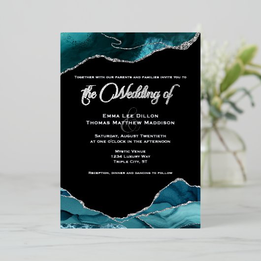 Invitation En Aluminium Turquoise Bleu Faux Parties scintillant Argent Mar (Debout devant)