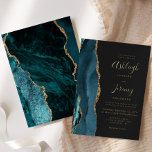 Invitation En Aluminium Turquoise Blue Gold Agate Dark Modern Mariage<br><div class="desc">Le bord gauche de cette élégante faire-part de mariage moderne est doté d'une bordure turquoise en aquarelle bleue ornée d'une parties scintillant en faux or. Le texte personnalisable combine écriture manuscrite, copperplate et polices italiques en feuille d'or réelle sur un arrière - plan non noir. L'envers présente un design d'agate...</div>
