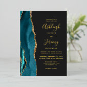 Invitation En Aluminium Turquoise Blue Gold Agate Dark Modern Mariage (Debout devant)