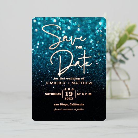 Invitation En Aluminium turquoise Blue Parties scintillant moderne Enregis (Debout devant)