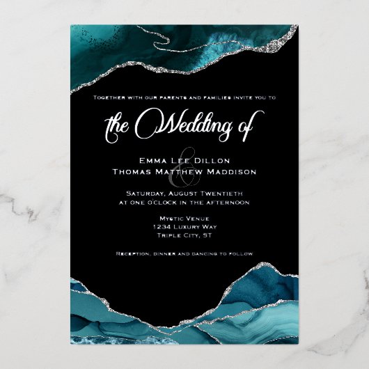Invitation En Aluminium Turquoise Blue Silver Faux Parties scintillant Aga (Recto)
