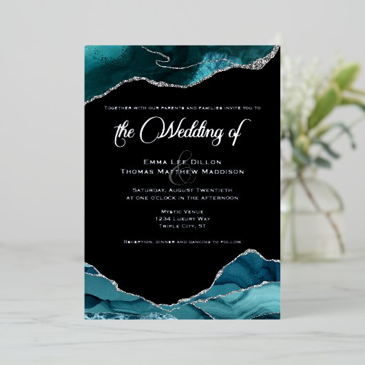 Invitation En Aluminium Turquoise Blue Silver Faux Parties scintillant Aga (Debout devant)
