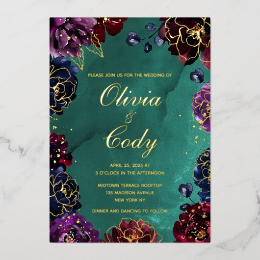 Invitation En Aluminium Turquoise Bordeaux Amethyst Bijou Tone Mariage or (Recto)