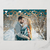 Invitation En Aluminium Turquoise, Coeurs d'argent, Mariage hiver ou Valen (Recto)