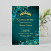 Invitation En Aluminium Turquoise Élégant Floral Vibrant Papillon Quincean (Debout devant)