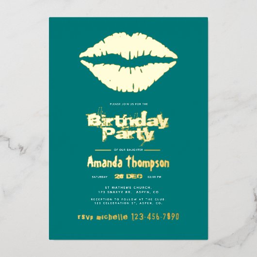 Invitation En Aluminium Turquoise et or Anniversaire des lèvres de baiser (Recto)