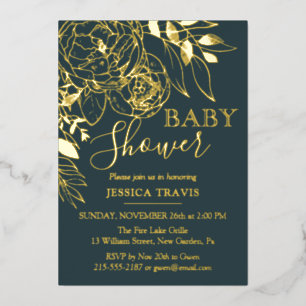 Invitation En Aluminium Turquoise foncé et or Baby shower floral moderne