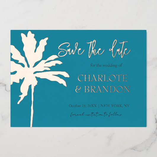 Invitation En Aluminium Turquoise Gold Palm Tree Beach Mariage Enregistrer (Recto)