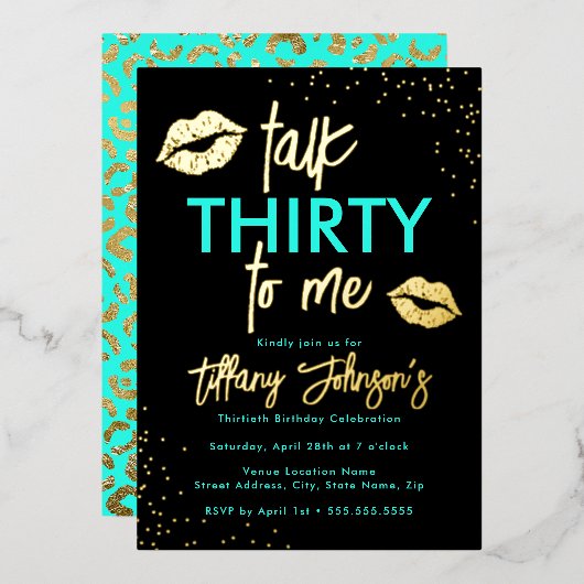 Invitation En Aluminium Turquoise Gold Talk Trente To Me Leopard 30e (Recto/Verso)