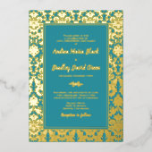 Invitation En Aluminium Turquoise Real Gold Foil Mariage damassé (Recto)