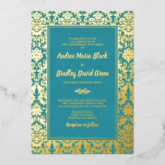 Invitation En Aluminium Turquoise Real Gold Foil Mariage damassé (Recto)