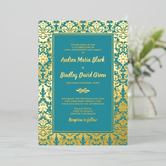 Invitation En Aluminium Turquoise Real Gold Foil Mariage damassé (Debout devant)