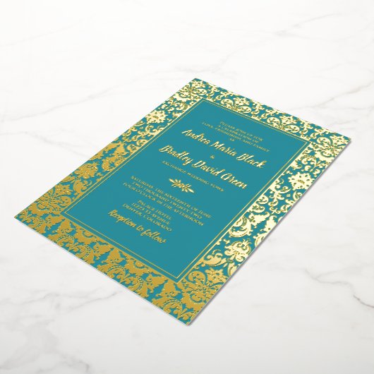 Invitation En Aluminium Turquoise Real Gold Foil Mariage damassé (Rotation)