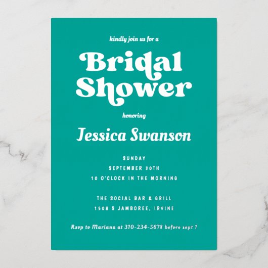 Invitation En Aluminium Turquoise Retro Serif Fête des mariées Silver (Recto)