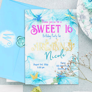 Invitation En Aluminium Turquoise Rose Or Sweet 16 Lettres Florales