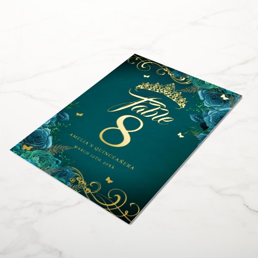 Invitation En Aluminium Turquoise Rose Swirl Quinceanera Gold Table Numéro (Rotation)