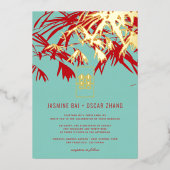 Invitation En Aluminium Turquoise & Rouge Zen Bamboo Feuille Mariage chino (Recto)