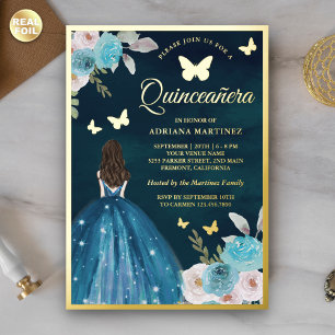 Invitation En Aluminium Turquoise sarcelle floral papillon Quinceanera or