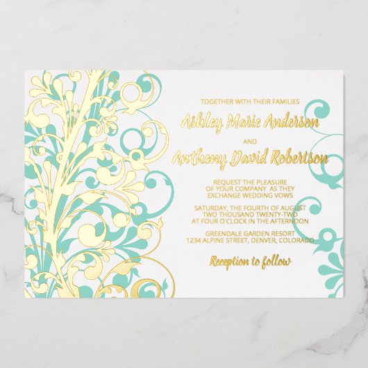 Invitation En Aluminium Turquoise Turquoise Real Gold Foil Mariage Floral (Recto)