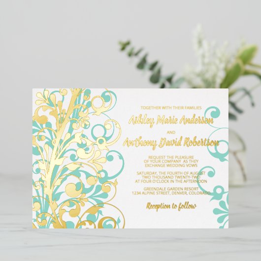 Invitation En Aluminium Turquoise Turquoise Real Gold Foil Mariage Floral (Debout devant)