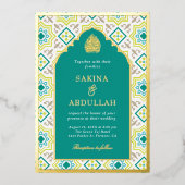 Invitation En Aluminium Turquoise vert Perse Mosaic Musulman Mariage Or (Recto)