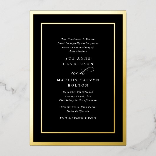 Invitation En Aluminium Tuxedo Black Calligraphy Gold Frame Mariage (Recto)