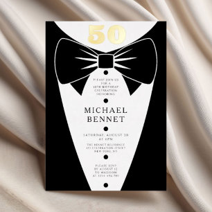 Invitation En Aluminium Tuxedo Noir Élégant 50e Anniversaire Or