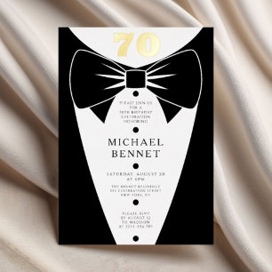 Invitation En Aluminium Tuxedo Noir Élégant 70e Anniversaire Or