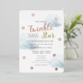 Invitation En Aluminium Twinkle Little Star Blue Clouds Baby shower (Debout devant)