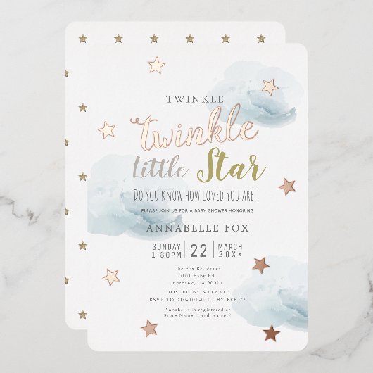 Invitation En Aluminium Twinkle Little Star Blue Clouds Baby shower (Recto/Verso)