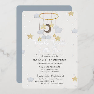 Invitation En Aluminium Twinkle Little Star Garçon Bleu Baby Shower Argent