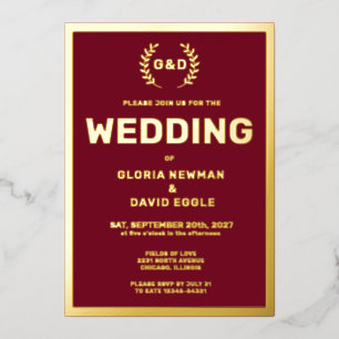 Invitation En Aluminium Typographie Bourgogne Mariage Or Réel