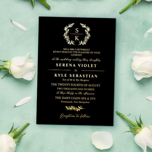 Invitation En Aluminium Typographie d'or noir Mariage de monogramme de cou