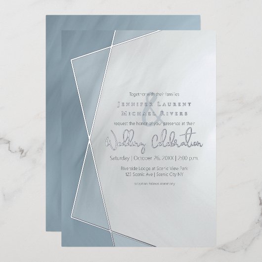 Invitation En Aluminium typographie géométrique bleu poussiéreux mariage a (Recto/Verso)