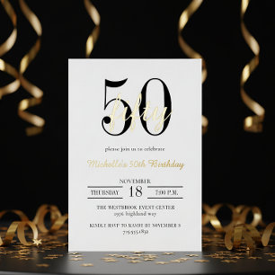 Invitation En Aluminium Typographie Moderne 50e Anniversaire Blanc Noir Or