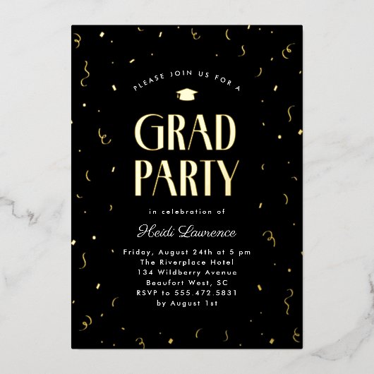 Invitation En Aluminium Typographie moderne Black and Gold Graduation Part (Recto)