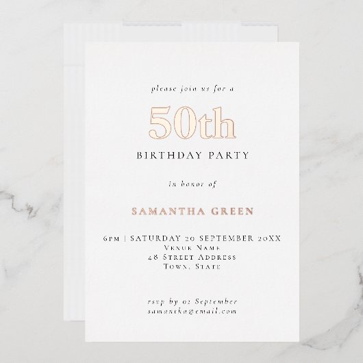 Invitation En Aluminium Typographie simple 50e anniversaire Rose Gold (Enveloppe)