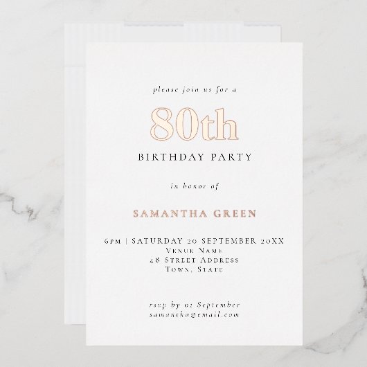 Invitation En Aluminium Typographie simple 80e anniversaire Rose or (Enveloppe)