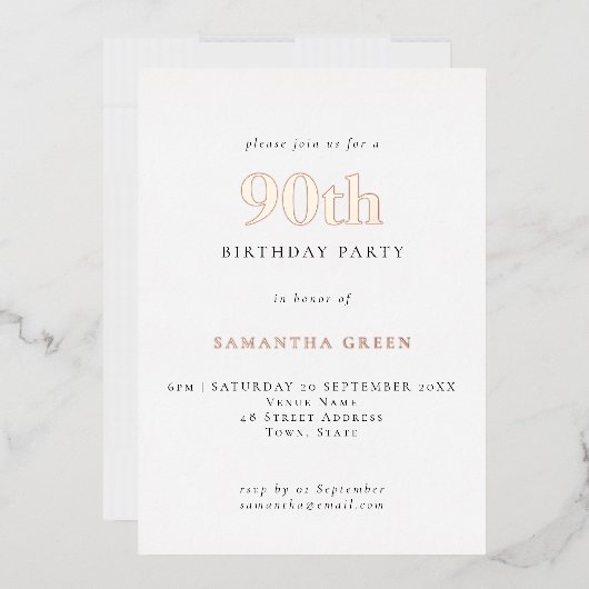 Invitation En Aluminium Typographie simple 90e anniversaire Rose Gold (Enveloppe)
