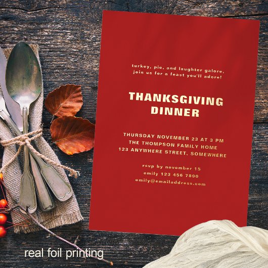 Invitation En Aluminium Typographie simple Thanksgiving Dîner Rouge Real