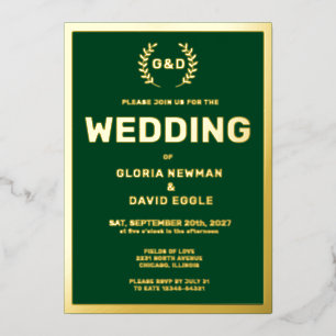 Invitation En Aluminium Typographie vert forêt Mariage Or véritable