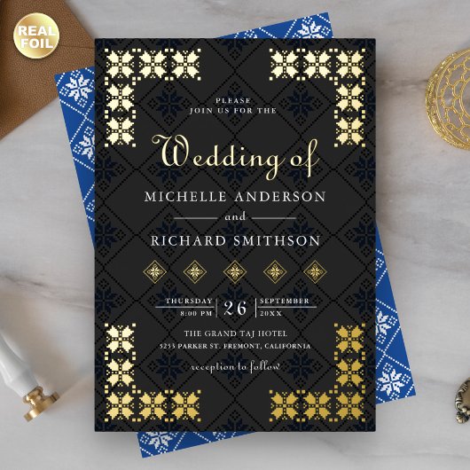 Invitation En Aluminium Ukrainian Embroidery Wedding Blue Black Gold