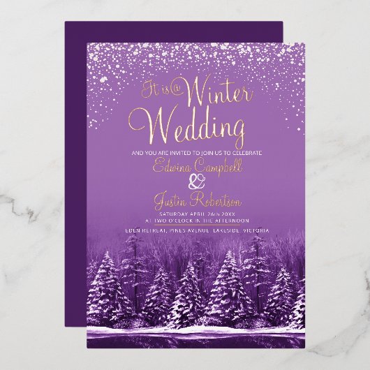 Invitation En Aluminium Un mariage d'hiver pinède lac violet art (Recto/Verso)