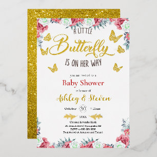 Invitation En Aluminium Une petite papillon est en route Baby Shower or