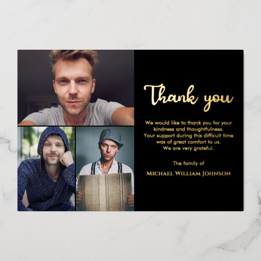 Invitation En Aluminium Unique Funéraire Mémorial 3 Photo Collage Black Go (Recto)
