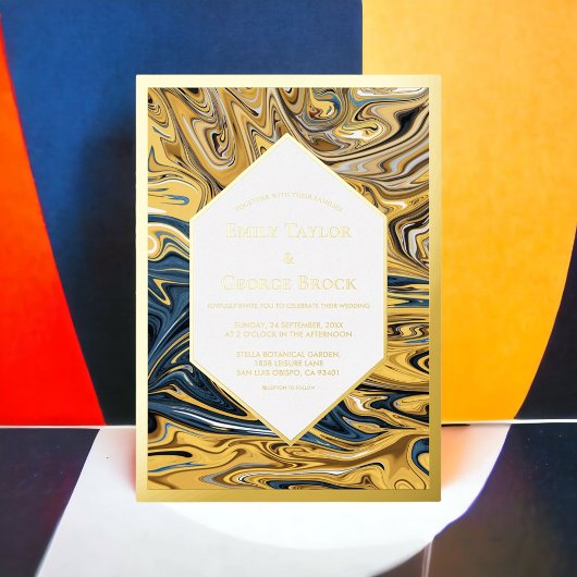 Invitation En Aluminium Vagues minimales en noir et or Mariage d'art Abstr