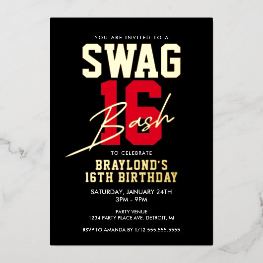 Invitation En Aluminium Varsity Style Swag 16 Anniversaire (Recto)